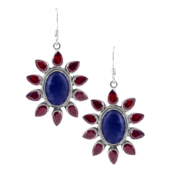 Top design pure silver high fashion blue lapis and red garnet earrings